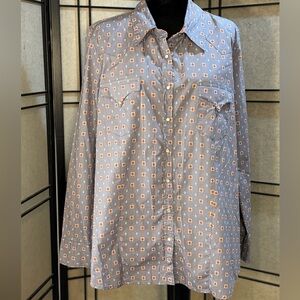 Women's Roper WESTERN SHIRT Open V-Neck Size 2 X blue pattern Pearl snaps cotton